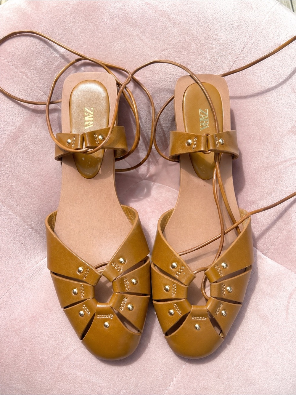 Zara Tan Leather Cutout Lace-Up Sandals with Stud Accents